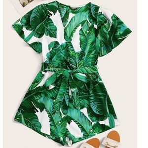 SHEIN Tropical Print Belted Romper